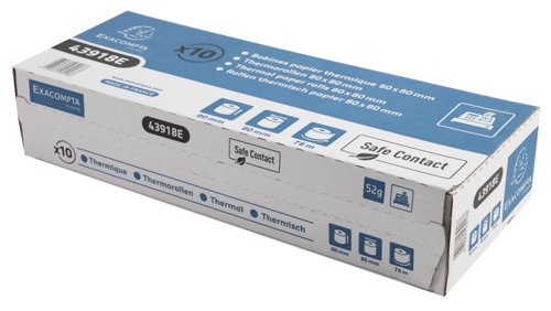 The Exacompta Safe Contact receipt rolls are made from a slight blue-grey paper that is resistant to light and humidity which guarantees a long-lasting impression (35 years minimum). Safe Contact rolls are approved for direct food contact and are guaranteed to be phenol free. Supplied in retail friendly packaging, this pack contains 20 white rolls.