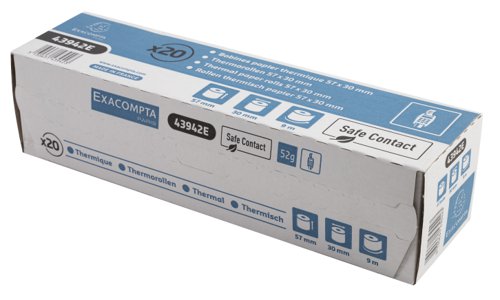 GH43942 | The Exacompta Safe Contact receipt rolls are made from a slight blue-grey paper that is resistant to light and humidity which guarantees a long-lasting impression (35 years minimum). Safe Contact rolls are approved for direct food contact and are guaranteed to be phenol free. Supplied in retail friendly packaging, this pack contains 20 white rolls.