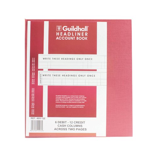 Ideal for accounts with the same headings on every page, the 80 page Exacompta Guildhall Burgundy Headliner 18 Column Account Book has cutaway pages enabling to write out your headings once and have them show through on every page. This improves clarity and prevents errors in hand written accounts as the heading need only be written out once. Made from 95gsm ledger quality paper, each page is ruled with 6 debit and 12 credit columns across opening. The book is bound in a durable vinyl burgundy cover and has a sewn binding to prevent pages being removed.
