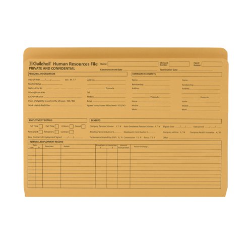 These Exacompta Guildhall files are pre-printed with essential information for HR department, including employee personal details, qualifications and more. The durable folder is made from 100% recycled 315gsm manilla for long lasting use. Each folder measures 244 x 355mm and can hold up to 350 sheets of 80gsm A4 paper. This pack contains 50 yellow folders.