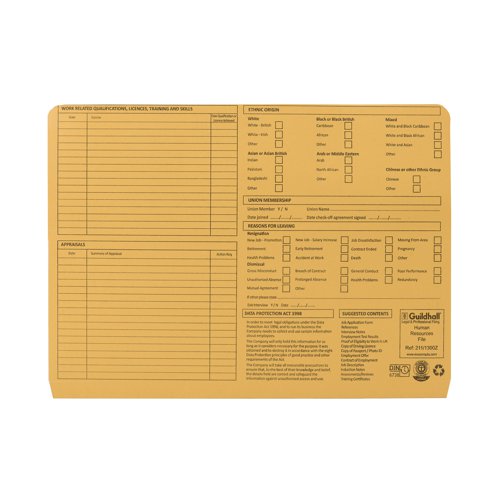 Exacompta Guildhall Pre-Printed Human Resources File 315gsm Yellow (Pack of 50) 211/1300Z GH55520