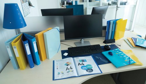 Bee Blue is an eco-friendly selection of Exacompta filing and desktop accessories. The range is created using Blue Angel certified recycled Polypropylene which gives a second life to old materials and incorporates a choice of 4 vivid colours of saffron, navy blue, light blue and turquoise. With excellent document retention thanks to the 3 interior flaps and the 2 blue elastic bands, it is convenient for transporting and storing documents. The Bee Blue filing box is designed in a 250 x 330mm format to accommodate A4 documents along with elastic folders, files and sub-files. Featuring a spine label to identify contents, this 40mm box file with elasticated closures is supplied in a pack of 8.