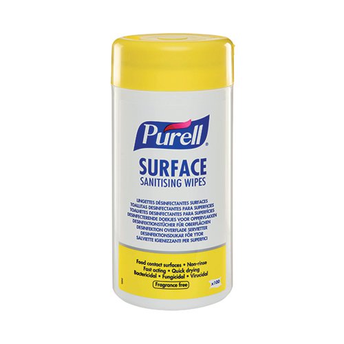 These disinfectant Purell surface sanitising wipes are suitable for use on food contact surfaces, with no rinsing required after use. Fast acting and drying, the wipes are bactericidal, fungicidal, mycobactericidal and are effective against viruses. Ideal for use in professional catering, healthcare and more, this pack contains 1 tub of 100 ready-to-use wipes.