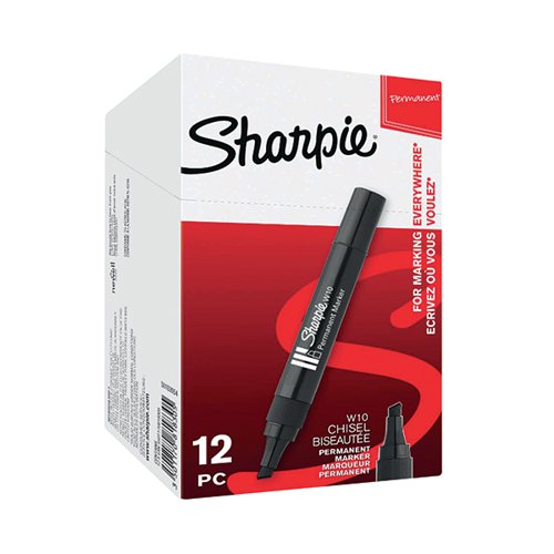 Sharpie W10 Permanent Markers feature a chisel tip for a variable 1.5 - 5.0mm line width, with a bonded nib that can withstand heavy use. The low-odour ink resists water and is lightfast, for long lasting clarity. The marker also features a reflow ink system that prevents ink from drying out when uncapped for up to 10 days. This pack contains 12 black markers.