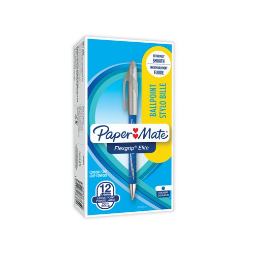 This pack of 12 PaperMate FlexGrip Elite Pens with blue ink provide a premium look and comfortable feel for business, school and home. With Lubriglide ink and a medium 1.4mm tip, they ensure smooth and vivid, bold lines whether drawing or writing. FlexGrip pens feature a rubberised barrel along the entire length for exceptional all-round grip and comfort throughout the day. The retractable mechanism protects the pen from damage when not in use and can be extended with the click of a button. This pack includes 12 pens.