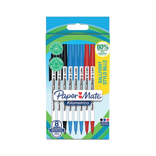 PaperMate Kilometrico Ballpoint Pen Medium 1.0mm Assorted (Pack of 8) 2187680 GL87680 Buy online at Office 5Star or contact us Tel 01594 810081 for assistance