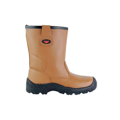 GNS00105 | The Tuffking Glacier+ Safety Rigger Boot is built for any industrial workplace. The tan Apollo leather offers durability and two pull loops for ease of putting on. The boot is water resistant has a fur lining that provides some warmth in cold months. The Glacier+ also has an ergonomically shaped outsole with a moulded front scuff guard. Dual density PU outsole offers resistance to oils, acids an alkali materials and is durable for hard wearing environments. Built with corrosion resistant stainless steel toe cap and midsole, this safety rigger offers the protection required according to EN ISO 20345 safety standards and also meets UKCA requirements.