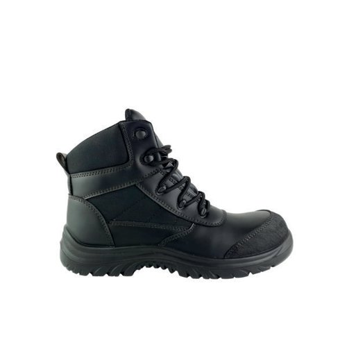 GNS00107 | The Tuffking Vega+ is the perfect metal free boot for industrial workwear or uniform attire. The durability and safety required for the job without any cruelty to animals. This vegan safety 6 inch hiker uses a durable leather alternative upper. The eco-friendly recycled Tuff-Dry Waterproof Membrane will keep feet dry while absorbing sweat and moisture. The boot has a dual density Polyurethane outsole, fibreglass toe cap, puncture resistant composite modsole, front scuff guard, ankle supoort and impact absorbing heel.