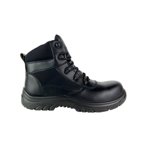 GNS00108 | The Tuffking Vega is a lightweight, metal free uniform safety boot, with amazing comfort. The durability and safety required for the job without any cruelty to animals. This vegan safety 6 inch hiker uses a durable leather alternative upper. The eco-friendly recycled Tuff-Dry Waterproof Membrane will keep feet dry while absorbing sweat and moisture. The boot has a dual density Polyurethane outsole, fibreglass toe cap, puncture resistant composite modsole, front scuff guard, ankle supoort and impact absorbing heel.