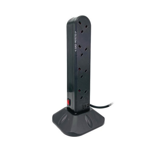 Connekt Gear 8 Way Surge Protected Socket Tower Block with USB Ports UK 27-8020S to USB