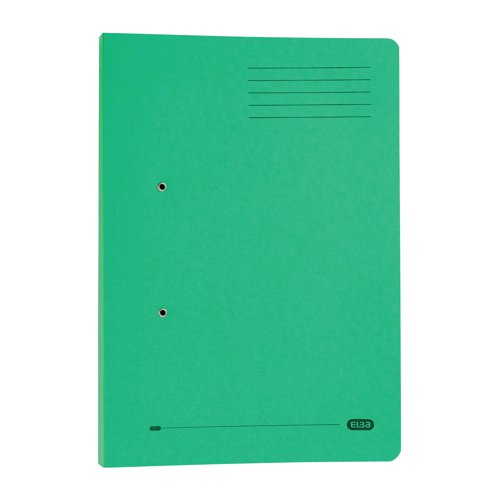 This quality Elba spring pocket file is made from durable 100% recycled manilla. The all metal transfer spring mechanism has a 32mm capacity and enables easy insertion, removal and rearranging of your A4 or foolscap documents. The file also features a pocket on the inside back cover for additional loose sheets. Ideal for colour coordinated filing. This pack contains 25 green foolscap files.