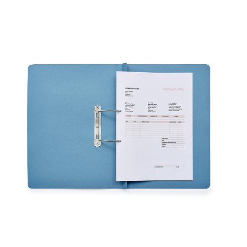 This handy Elba Spirosort spring file is ideal for filing punched A4 and foolscap papers with 2 transfer prongs and a compressor bar to hold contents securely in place. The environmentally friendly file is made from 100% recycled 260gsm manilla and has a 20mm capacity for up to 200 sheets. This pack contains 25 blue files.