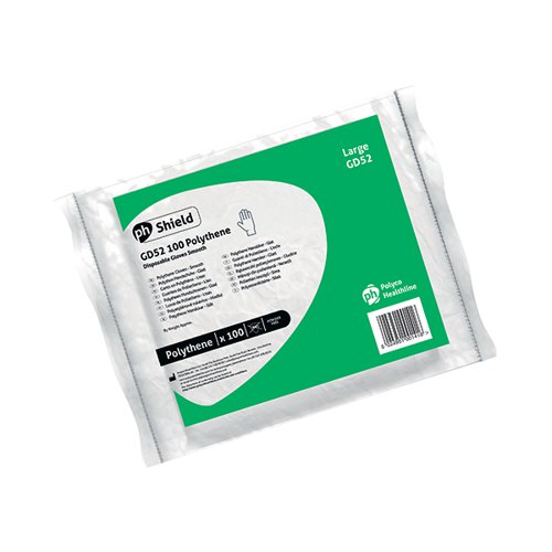 HEA00141 | This pack of 100 clear disposable polythene gloves is ideal for use across a range of work environments. Intended for brief use, they're powder- and latex-free for reduced risk of hypersensitivity, and economical enough for bulk volume users. Easy to store and dispense as necessary from the compact packaging. These large-size gloves are ideal for workers in food preparation or retail, for use at self-service food counters, or for beauty practitioners such as hairdressers.