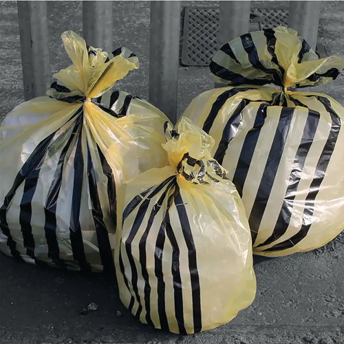Polyco Clinical Waste Sack For Landfill Medium Duty 90L Yellow Tiger Stripe (Pack of 250) FAYB/5 HEA01178 Buy online at Office 5Star or contact us Tel 01594 810081 for assistance