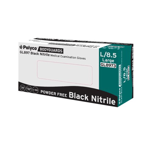 These black nitrile examination gloves, manufactured from nitrile butadiene, are suitable for infection control, plus food and chemical contact. They are powder-free to reduce dust contamination and are latex-free. Tested to European standards EN420, EN388 and EN374.