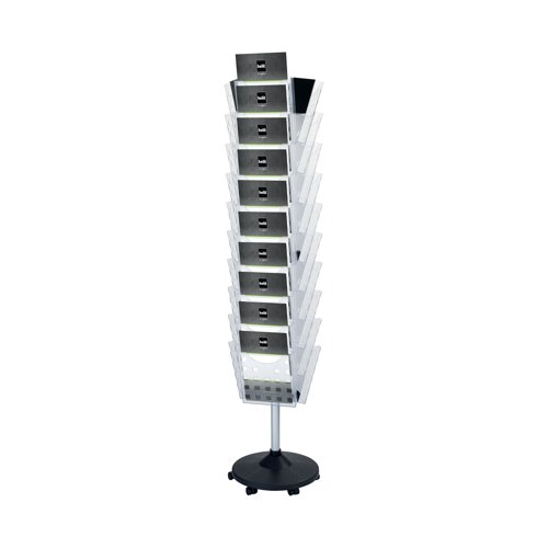 Perfect for use with magazines, literature and brochures, the Helit Grid floor stand is mobile and also rotates for easy access to documentation. Featuring thirty clear pockets for A4 literature and magazines at a glance. Manufactured from a powder coated, steel pole and durable, clear, polystyrene pockets. Sitting on six castors, the display can be moved around to the desired area with ease.