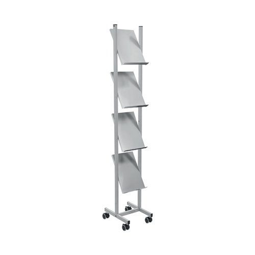 Perfect for use with magazines, literature and brochures, the narrow Helit Rolling floor stand is mobile for easy access to documentation, featuring space for up to four A4 magazines and leaflets at a glance. Manufactured from a powder coated, steel, it sits on four castors, two of which lock, to enable the display to be moved around to the desired area with ease and locked into place.