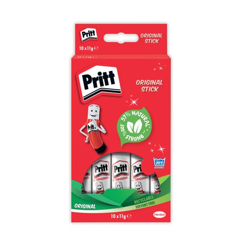 This solvent-free formula offers a strong and long-lasting adhesion while guaranteeing a solid initial tack and low paper wrinkling. Easy to apply, it is a high quality glue made with 97% natural ingredients and it is recyclable. Supplied in a value pack containing 10 sticks. Pritt Stick glue 11g stick is ideal for gluing papers and documents. This pack contains 10 x 11g sticks.