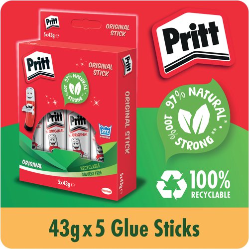 This solvent-free formula offers a strong and long-lasting adhesion while guaranteeing a solid initial tack and low paper wrinkling. Easy to apply, this high quality glue is made with 97% natural ingredients, solvent free and is recyclable. Supplied in a value pack containing 5 sticks, Pritt Stick 43g is ideal for gluing papers and documents. This pack contains 5 x 43g glue sticks.
