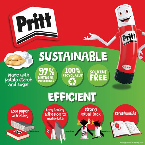 This solvent-free formula offers a strong and long-lasting adhesion while guaranteeing a solid initial tack and low paper wrinkling. Easy to apply, it is a high quality glue made with 97% natural ingredients and it is recyclable. Pritt Stick 43g is ideal for arts, crafts or as a school glue due to its low water content, long lasting formula which complies with EU child safety legislation. This pack contains 2 x 43g sticks.