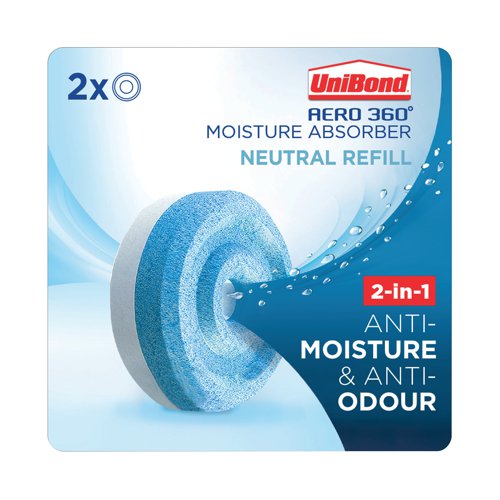 The UniBond Aero 360 Moisture Absorber needs refill tabs to absorb moisture and neutralise odours in the air. You can bring a fresh smelling scent to your home and workplace with these pure refills, fill the room with a pleasant fresh scent. This pack contains 2 pure refills.