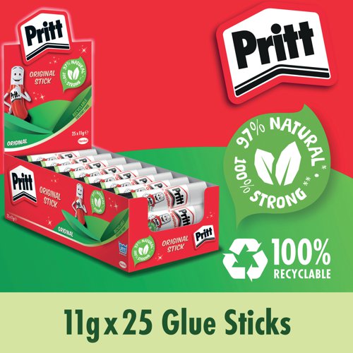 This solvent-free formula offers a strong and long-lasting adhesion while guaranteeing a solid initial tack and low paper wrinkling. Easy to apply, it is a high quality glue made with 97% natural ingredients and it is recyclable. Supplied in a value pack containing 25 sticks, Pritt Stick 11g is ideal for sealing envelopes and gluing papers and documents in the workplace. This pack contains 25 x 11g sticks in a display box.