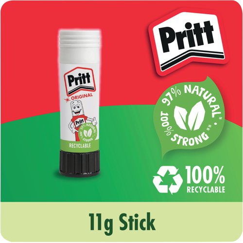 This solvent-free formula offers a strong and long-lasting adhesion while guaranteeing a solid initial tack and low paper wrinkling. Easy to apply, it is a high quality glue made with 97% natural ingredients and it is recyclable. Supplied in a value pack containing 25 sticks, Pritt Stick 11g is ideal for sealing envelopes and gluing papers and documents in the workplace. This pack contains 25 x 11g sticks in a display box.