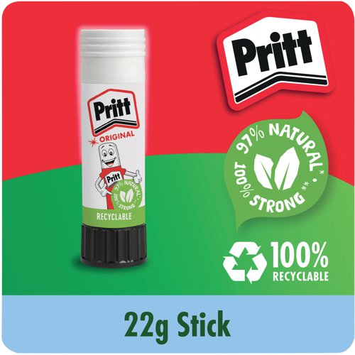 This solvent-free formula offers a strong and long-lasting adhesion while guaranteeing a solid initial tack and low paper wrinkling. Easy to apply, it is a high quality glue made with 97% natural ingredients and it is recyclable! Supplied in a value pack containing 24 sticks, Pritt Stick 22g is ideal for sealing envelopes and gluing papers and documents in the workplace. This pack contains 24 x 22g sticks in a display box.