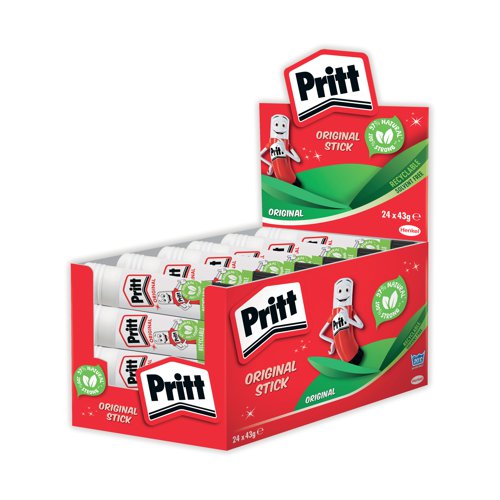 This solvent-free formula offers a strong and long-lasting adhesion while guaranteeing a solid initial tack and low paper wrinkling. Easy to apply, it is a high quality glue made with 97% natural ingredients and it is recyclable. Solvent free. Pritt Stick 43g is ideal for gluing papers and documents. This pack contains 24 x 43g glue sticks in a display box.