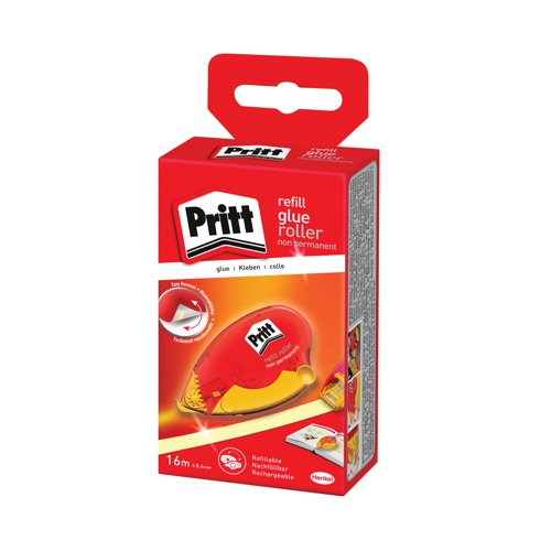 This Pritt Glue Roller provides a convenient, fast, clean and accurate way to apply adhesive. Ideal for sticking card, paper, photos and more, the non-permanent glue roller allows materials to be repositioned as required. The smooth roller action allows precise positioning of adhesive for accurate, neat, professional results. The roller is also refillable for lasting use. This pack contains 1 glue roller measuring 8.4 x 16mm.