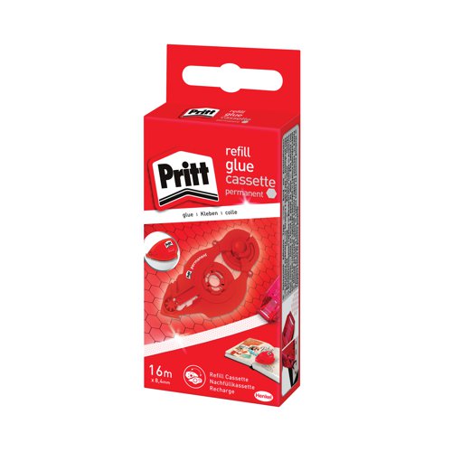 For use with the Pritt Glue Roller (HK2340), this permanent refill cartridge is easy to insert into the roller for long lasting use. For permanent adhesion, this pack contains 1 refill measuring 8.4mm x 16m.