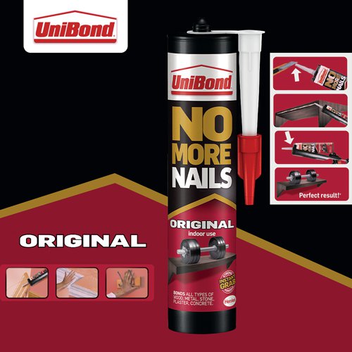 Unibond No More Nails Original Grab Adhesive Cartridge is a heavy duty adhesive ideal for mounting and bonding, without the need for nails, screws or hassle. The mounting adhesive is constructed with water-based technology, ensuring extra-strength and a professional finish. The cartridge design ensures a simple application, allowing control of the flow of glue with the use of a cartridge gun. The grab adhesive is suitable for most common building materials, e.g. wood, ceramic, metal, concrete, brick, plaster, stone and most plastics. Specially designed for interior use, the grab glue ensures strong bonds for heavy-duty repair and DIY jobs in almost any capacity. Ideal as a skirting board adhesive and for many other internal bonding applications, including fixing coat hooks, window ledges and coving. Before use ensure that surfaces are clean and free from dust, oil, grease and loose material.