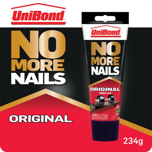 Unibond No More Nails Original Grab Adhesive Tube is a heavy duty adhesive ideal for mounting and bonding, without the need for nails, screws or hassle. The mounting adhesive is constructed with water-based technology, ensuring extra-strength and a professional finish. The grab adhesive is suitable for most common building materials, e.g. wood, ceramic, metal, concrete, brick, plaster, stone and most plastics. Specially designed for interior use, the grab glue ensures strong bonds for heavy-duty repair and DIY jobs in almost any capacity. Ideal as a skirting board adhesive and for many other internal bonding applications, including fixing coat hooks, window ledges and coving. Before use ensure that surfaces are clean and free from dust, oil, grease and loose material.