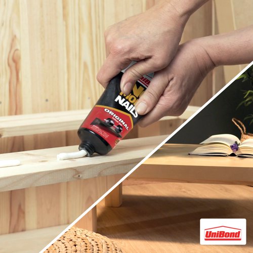 Unibond No More Nails Original Grab Adhesive Tube is a heavy duty adhesive ideal for mounting and bonding, without the need for nails, screws or hassle. The mounting adhesive is constructed with water-based technology, ensuring extra-strength and a professional finish. The grab adhesive is suitable for most common building materials, e.g. wood, ceramic, metal, concrete, brick, plaster, stone and most plastics. Specially designed for interior use, the grab glue ensures strong bonds for heavy-duty repair and DIY jobs in almost any capacity. Ideal as a skirting board adhesive and for many other internal bonding applications, including fixing coat hooks, window ledges and coving. Before use ensure that surfaces are clean and free from dust, oil, grease and loose material.