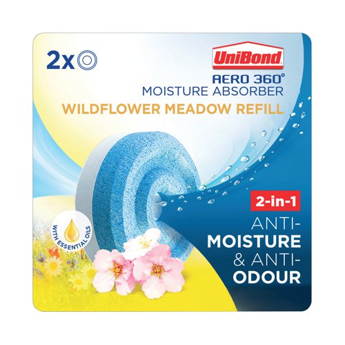 The UniBond Aero 360 Moisture Absorber needs refill tabs to absorb moisture and neutralise odours in the air. Offering a floral scent to the home and workplace these wild flower meadow refills will fill the room with a fresh scent. This pack contains 2 refills.