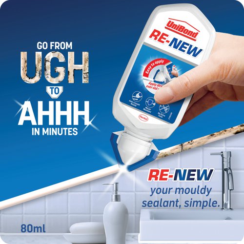 Unibond RE-NEW can help you quickly rejuvenate dirty, cracked or mouldy sealant. Simply apply the sanitary silicone on top of existing sealant, no need to remove the old sanitary sealant. An integrated smoothing tool ensures an even finish. Thanks to the triple protection mould resistance the joint sealant repels, kills and prevents mould over the long term. One tube of this mould-resistant sealant typically covers one standard bathroom suite (1 bath, 1 shower and 1 sink).