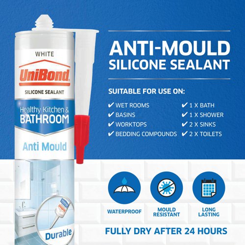 UniBond Healthy Kitchen and Bathroom Sealant Tube Anti Mould White 274g 2707173 HK43729 Buy online at Office 5Star or contact us Tel 01594 810081 for assistance