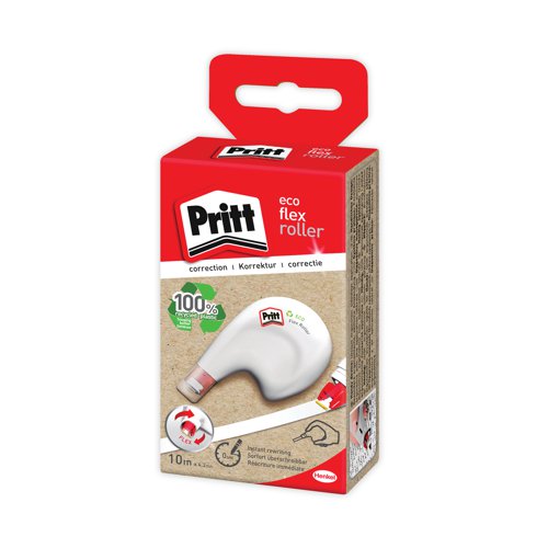 The Pritt ECO Flex Correction Roller offers convenient application thanks to its ergonomic sideway format and flexible applicator, adapting to the application angle for a smooth, clean finish. The housing of the ECO Flex Correction Roller is made from 100% recycled plastic and is 100% recyclable. This environmentally friendly Pritt ECO Flex Correction Roller contains smooth white correction tape measuring 4.2mm x 10m. Supplied in a pack of 10 rollers.