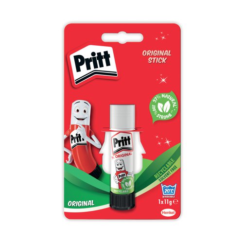 This solvent-free formula offers a strong and long-lasting adhesion while guaranteeing a solid initial tack and low paper wrinkling. Easy to apply, it is a high quality glue made with 97% natural ingredients and it is recyclable. Supplied in a value pack containing 12 sticks, Pritt Stick 11g is ideal for sealing envelopes and gluing papers and documents in the workplace. This pack contains 12 x 11g sticks.