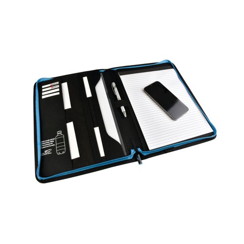 This stylish Monolith conference folder features multiple internal pockets to help organise documentation. It also includes a refillable A4 pad and pen holder for those moments when notes need to be made when on the go. The cover is made from recycled plastic bottles, keeping plastic out of the oceans and the zipped closure ensures documents are kept secure. Supplied in black.