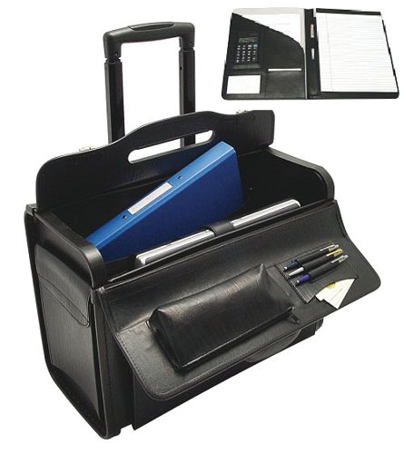 This stylish leather look Monolith pilot case features a telescopic handle and durable in-line skate wheels for easy portability. The large central compartment features a padded section for laptops up to 15.6 inches. The case also features lockable side pockets with nickel locks and a lid organiser. This black case measures W480 x D240 x H370mm.