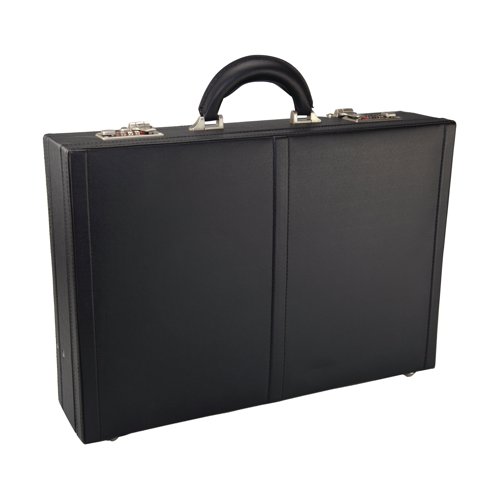 This Monolith leather look expanding attache case features a full organiser section in the lid with a dedicated tablet pocket. The case also features a soft flock lining with a business card pocket, pen holders and a mobile phone pocket. This black case features metal combination locks and fittings, and measures W440 x D100 x H310mm.