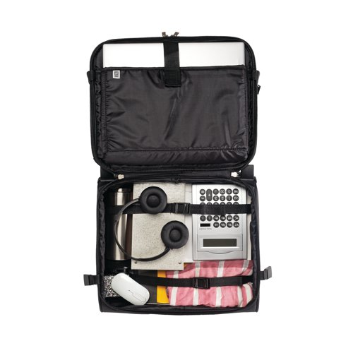 Constructed of black nylon with a leather look trim, this case features a removable slipcase for laptops and tablets which includes lockable zips for extra security. The main compartment is divided into three parts for files, clothes and other items so you can keep everything organised on the go. Featuring silent and smooth running wheels and a locking handle, this mobile laptop case is easy to take anywhere.