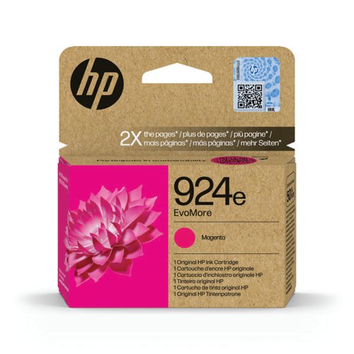 The HP 924E EvoMore ink cartridge is ideal for high-volume and sustainability-conscious business printing. Designed to print two times the pages as standard cartridges, have a lower carbon footprint and be easily recycled, HP EvoMore Original Ink Cartridges combine HPs legendary performance and quality with added sustainability features.
