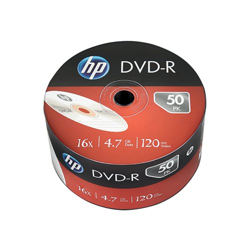 HP69303 | This pack of HP DVDs are perfect for burning videos or simply storing pictures and data. They are DVD-R format and have 16x write speed, with a storage capacity of 4.7GB- or around 120 minutes of video data. These non-rewritable DVDs are exceptional quality and supplied in a pack of 50 discs.