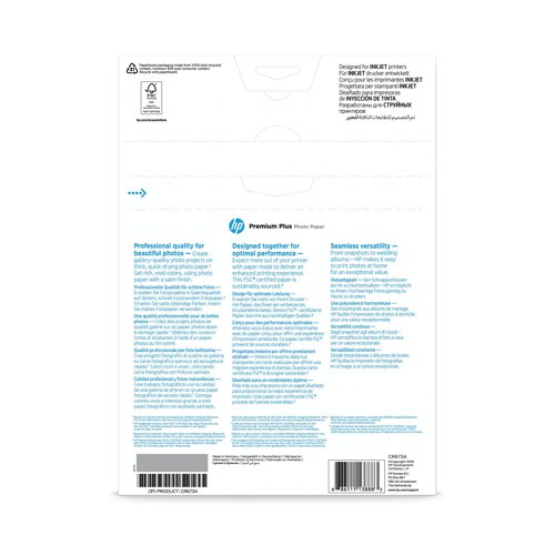 HPCR673A | A premium-quality glossy coating ensures professional-grade photos at home or in the office. Smooth and thick 300gsm paper ensures the same look and feel of lab-processed photos. Designed to allow ink to dry instantly, this paper is smudge and water resistant for quality that lasts straight from the printer.