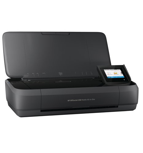 The HP Officejet 250 Mobile All-in-One can print, copy and scan, it is designed for professionals who need the flexibility of being able to print directly from selected Bluetooth enabled notebooks, smart phones and other mobile devices. 256MB DDR3 memory capacity. Mobile printing capability: Chrome OS, with wireless capability Wi-Fi direct and BLE. USB 2.0 connectivity. Includes software: HP Dropbox, HP Google Drive and Microsoft DotNet, and is MAC compatible. Stay productive when it matters - included lithium-ion battery prints up to 500 pages on a full charge. All controlled via a 673mm CGD (colour graphic display), IR touch. Get results fast with speeds on AC/battery up to 10/9ppm black (ISO), 7/6 ppm colour. Print quality black up to 1200x1200 rendered dpi and up to 4800 x 1200 optimised dpi colour. The box contains HP OfficeJet 250 Mobile All-in-One Printer; HP 62 setup Black Ink Cartridge (200 pages); HP 62 Setup Tricolor Ink Cartridge (120 pages); Regulatory flyer; Setup Poster; Power Cord, Rechargable battery. Copy resolution of up to 600 x 600 dpi with a copy speed of up to 15.5 ppm mono and 14.5 ppm colour, copy reduce/enlarge: 25 to 400%. Scan resolution, hardware up to 600 x 600 dpi with a 10-page automatic document feeder (ADF).