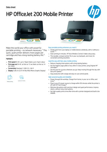 HPCZ993A HP Officejet 200 Mobile Inkjet Printer Black CZ993A