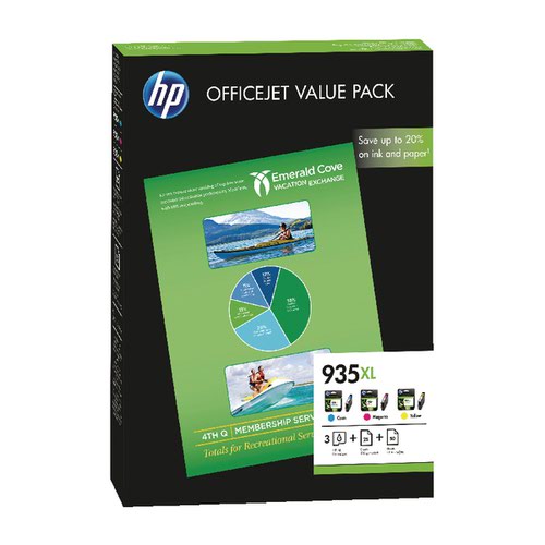 HP 935XL Cyan/Magenta/Yellow Ink Cartridge and Paper (Pack of 75) F6U78AE