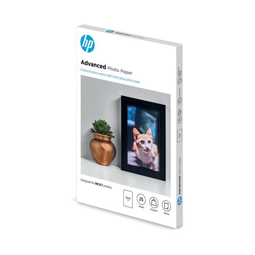 HPQ8691A | The premium 250gsm HP Advanced Photo Paper provides a look and feel with the same quality as lab-processed photos. It's a great way to reproduce your best memories for display in frames or photo albums. The glossy finish brings out vivid colours for extra impact. The material helps fix ink for resistance to water and smudges, so you can handle your photos straight from the printer.